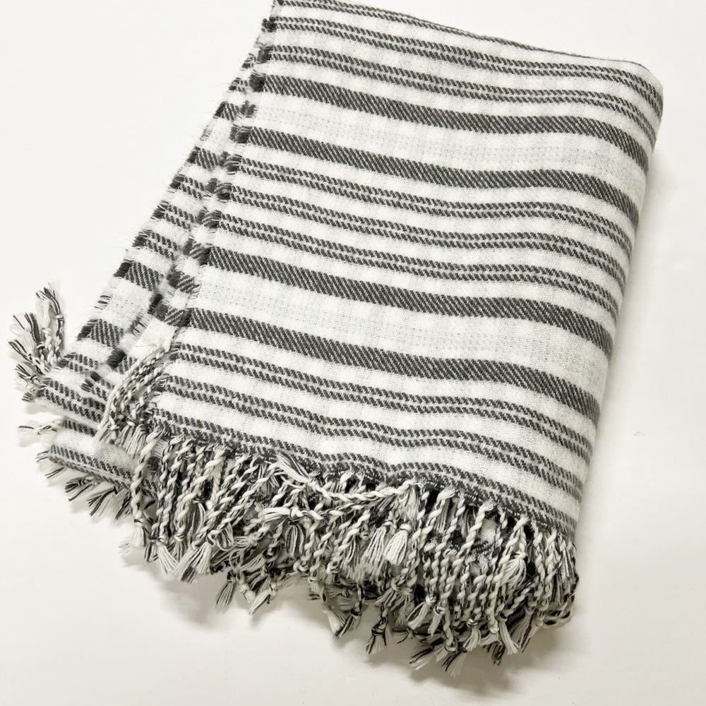 Pottery Barn Home Gray White Striped Gingham Gray Ivory Fringe Throw Blanket